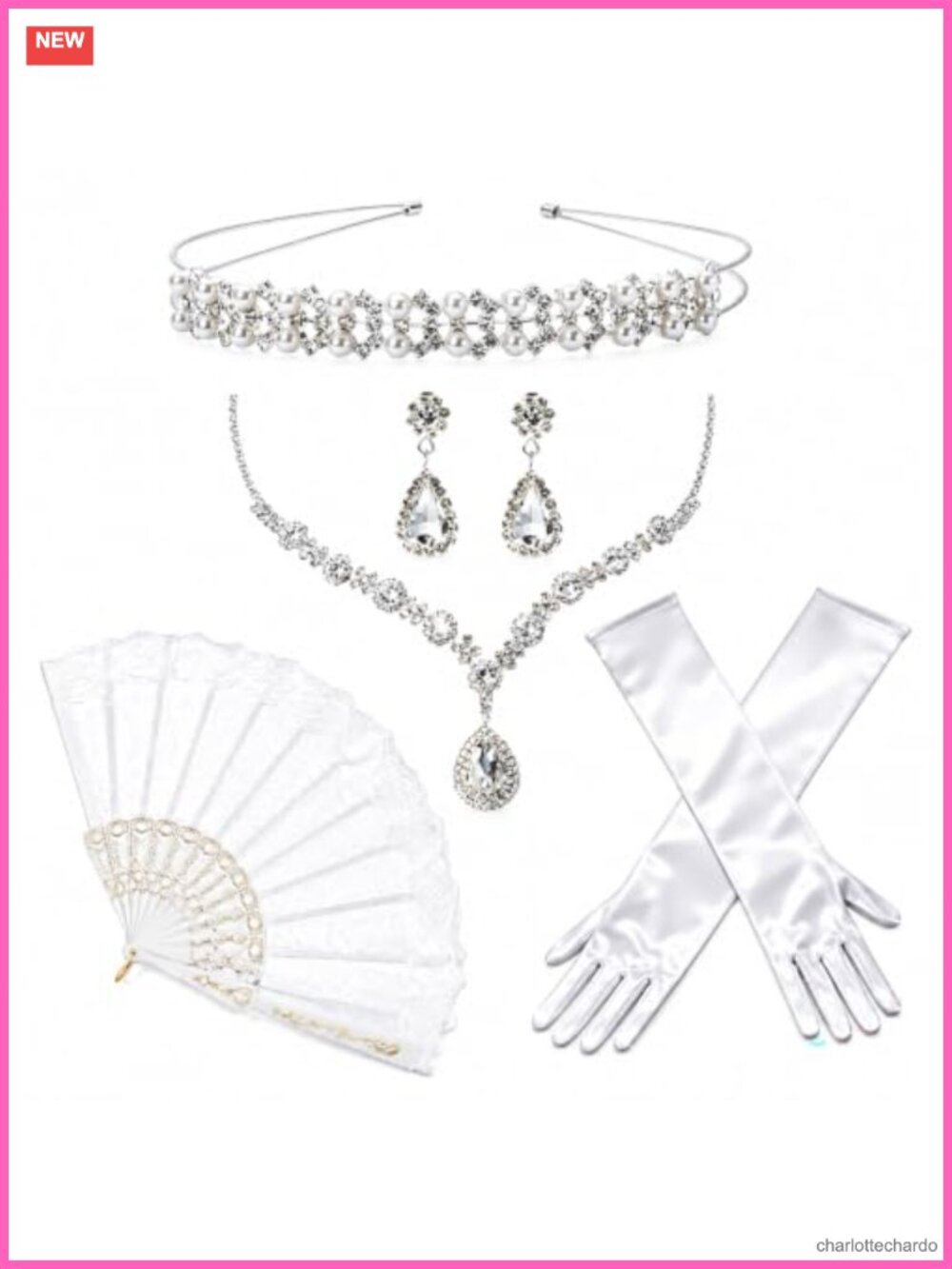 5 Pc Regency Costume Accessory Set Tiara Necklace Earrings Opera Gloves Fan